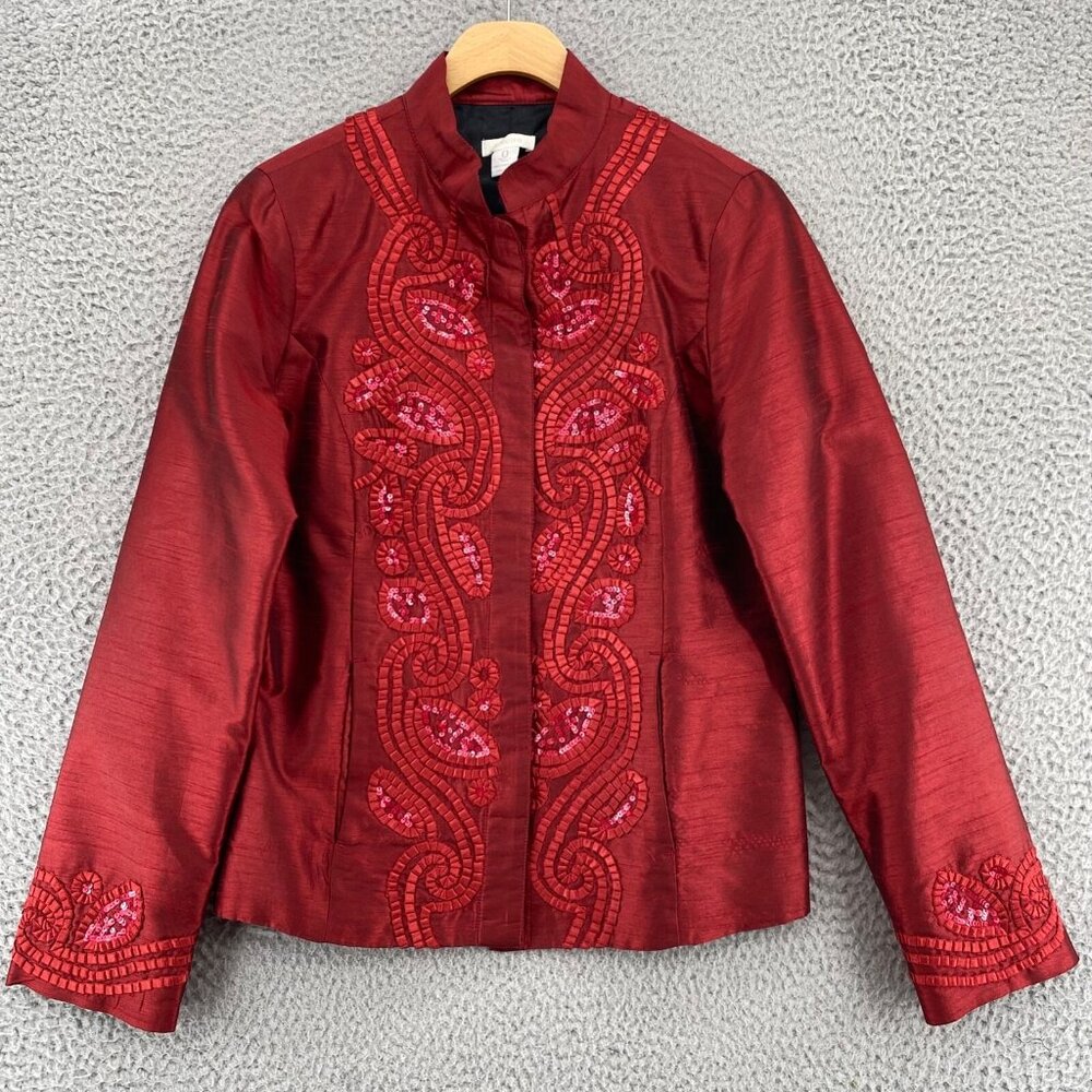 Chicos Jacket Womens 0 US Small Red Shimmer Sequin Ribbon Applique Formal Pocket